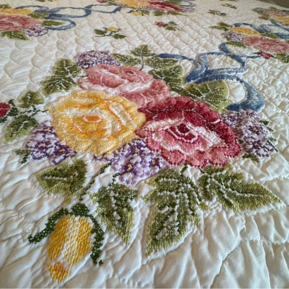 Vintage Quilt Embroidered Handsewn Cross Stitch Bedspread Flowers Ribbons 84x84” - Picture 13 of 13